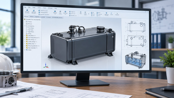 3D SolidWorks CAD model of a generator fuel tank rendered on a computer screen alongside technical schematics and blueprints.