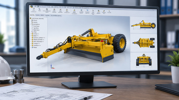 A computer screen showing a 3D CAD assembly of a heavy-duty yellow agricultural land scraper alongside orthogonal project views.