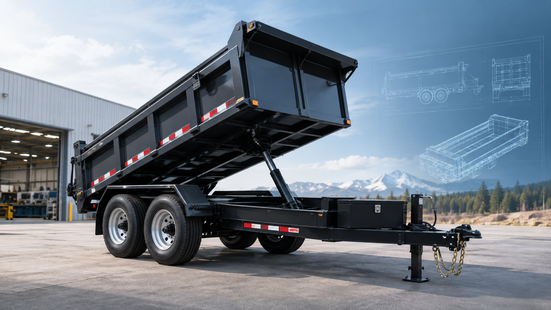 Industrial black hydraulic dump trailer parked outside, displayed alongside digital CAD engineering schematics.