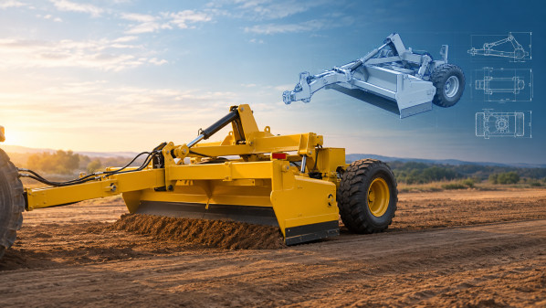 Real-world land scraper working in an open field paired with digital 3D CAD schematics showing engineering design and development.